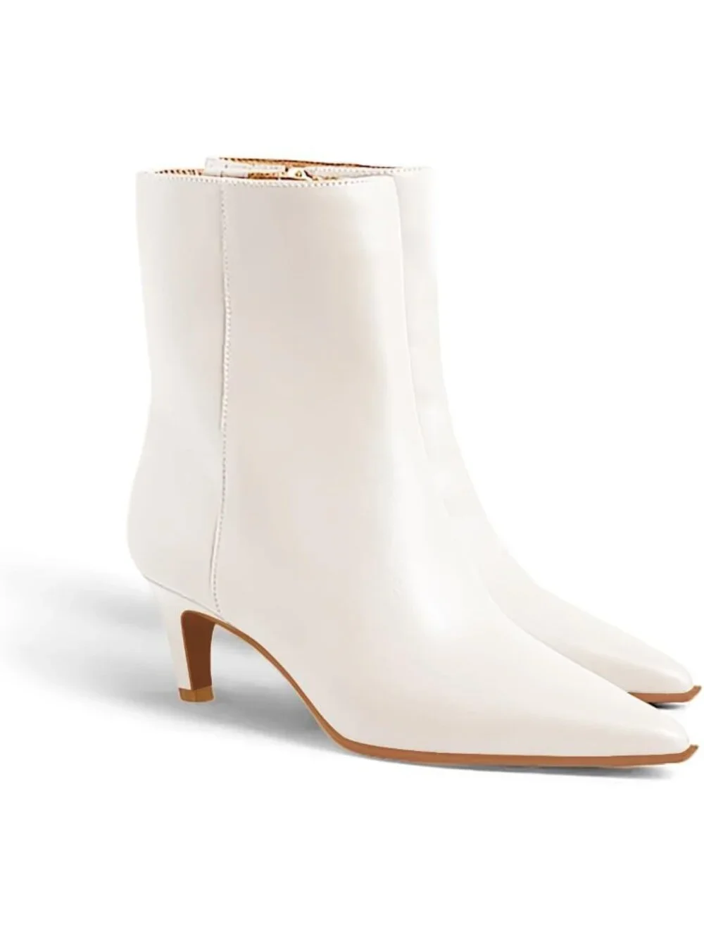 Women Cream White Pu Kitten Heel Faux Leather Pointed Toe Side Zipper Ankle Boot